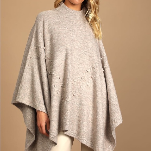 NEW Taupe Pom Pom Knit Mock Neck Poncho - Picture 2 of 5